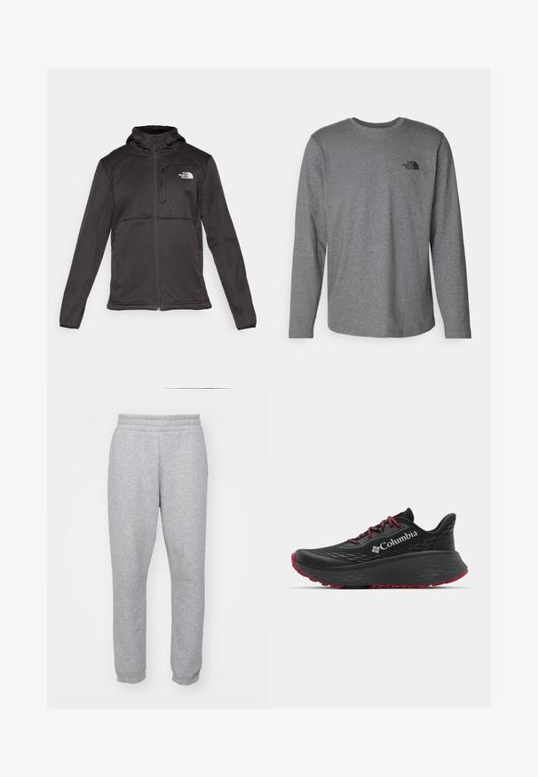 The North Face M QUEST HOODED SOFTSHELL - Softshelljas - black; The North Face M L/S SIMPLE DOME TEE - Longsleeve - medium grey heather; Grijze sweatpants van zachte stof, met een elastische tailleband en aansluitende boorden voor een gestroomlijnde vorm. Geen zichtbare zakken.; Zwarte sportieve schoen met een gestructureerd bovenwerk, rode veters en logo. Dikke zool met gestreepte loop voor grip. Minimalistisch ontwerp, zijaanzicht.