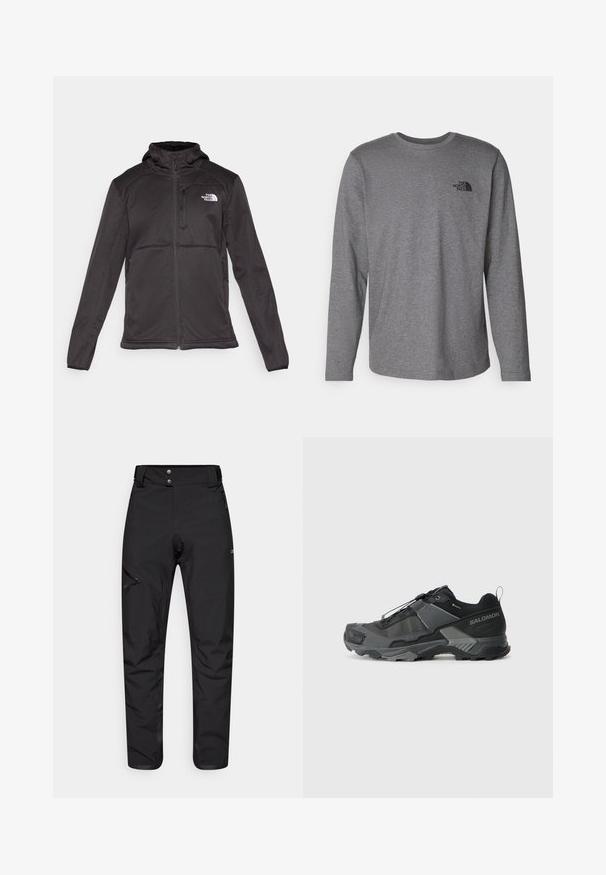 The North Face M QUEST HOODED SOFTSHELL - Chaqueta softshell - black; The North Face M L/S SIMPLE DOME TEE - Camiseta de manga larga - medium grey heather; Pantalones exteriores negros hechos de un material duradero y ligero. Cuentan con un bolsillo con cremallera en el muslo izquierdo y una cinturilla con dos botones.; Zapatilla de trail running negra con parte superior de malla duradera, puntera reforzada, suela de goma texturizada y sistema de cordones elásticos para un ajuste seguro.