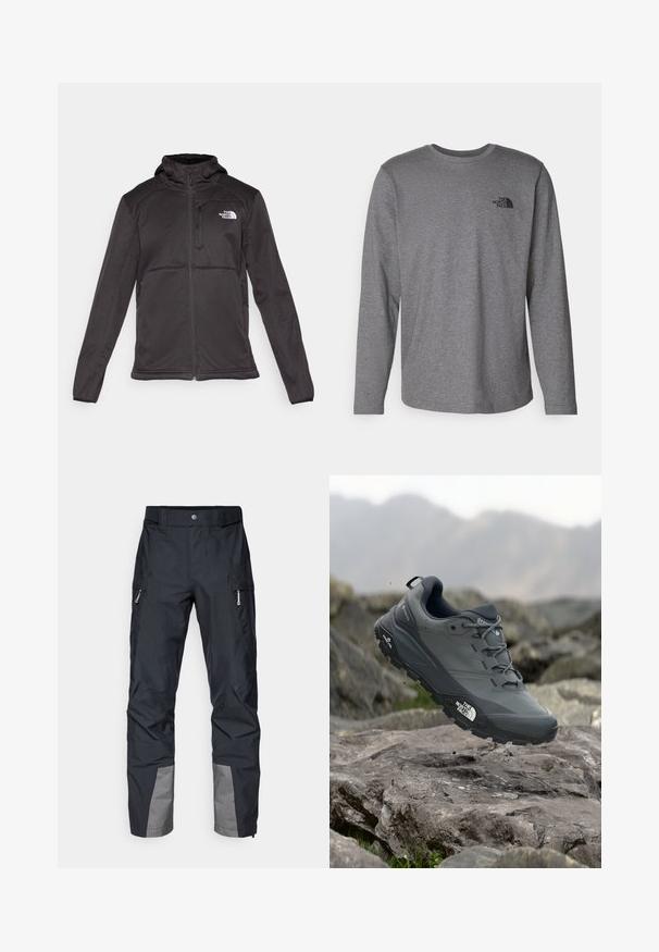 The North Face M QUEST HOODED SOFTSHELL - Softshelljas - black; The North Face M L/S SIMPLE DOME TEE - Longsleeve - medium grey heather; Zwarte outdoorbroeken met een rechte snit, voorzien van zijzakken, grijze accenten op de onderbenen en een duurzaam materiaal. Waterafstotend ontwerp.; Grijze trailrun-schoen met een gestructureerde bovenkant, duurzame rubbersole en versterkte neuskap. Voorzien van veters en een merkimprint aan de zijkant.