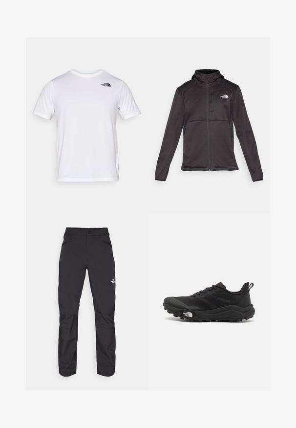 The North Face M QUEST HOODED SOFTSHELL - Softshelljacka - black; The North Face TEE - T-shirt till träning - white; Svarta utomhusbyxor med en dragkedja framtill, syntetiskt material, avsmalnande ben och förstärkta knäpaneler. Har en knappstängning.; Svart terränglöparsko med en strukturerad ovandel, gummisula och förstärkt tåhätta. Har en vadderad krage och en dragflik för enkel påtagning.