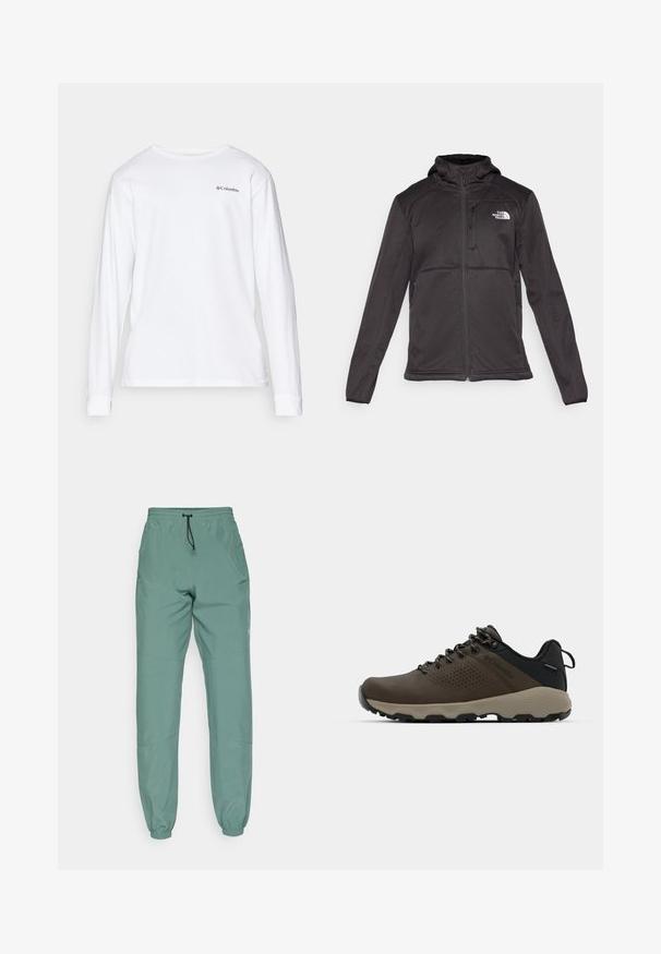 The North Face M QUEST HOODED SOFTSHELL - Soft shell jacket - black; Long-sleeve white shirt made of cotton, featuring a round neckline and a small black logo on the left chest area.; Light green athletic pants with elastic waistband and drawstring, featuring tapered cuffs and side pockets. Smooth fabric texture.; Brown waterproof sneakers with a textured upper, perforated accents, black heel support, and a grey rubber sole. Laces are styled with metallic ends.