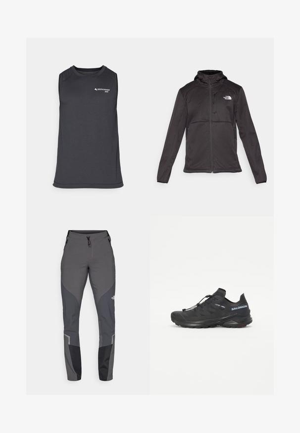 The North Face M QUEST HOODED SOFTSHELL - Softshell jakker - black; Ærmeløs, mørkegrå atletisk tanktop lavet af struktureret stof, med rund hals og et lille logo på fronten.; Grå vandrebukser med en tapered design, flere lommer og kontrastfarver i mørkegrå og sort. Lavet af et fleksibelt og holdbart materiale.; Sort trail løbesko med en tekstureret overdel, elastiske snørebånd og Contagrip ydersål. Har en tætsiddende pasform og beskyttende tåhætte.