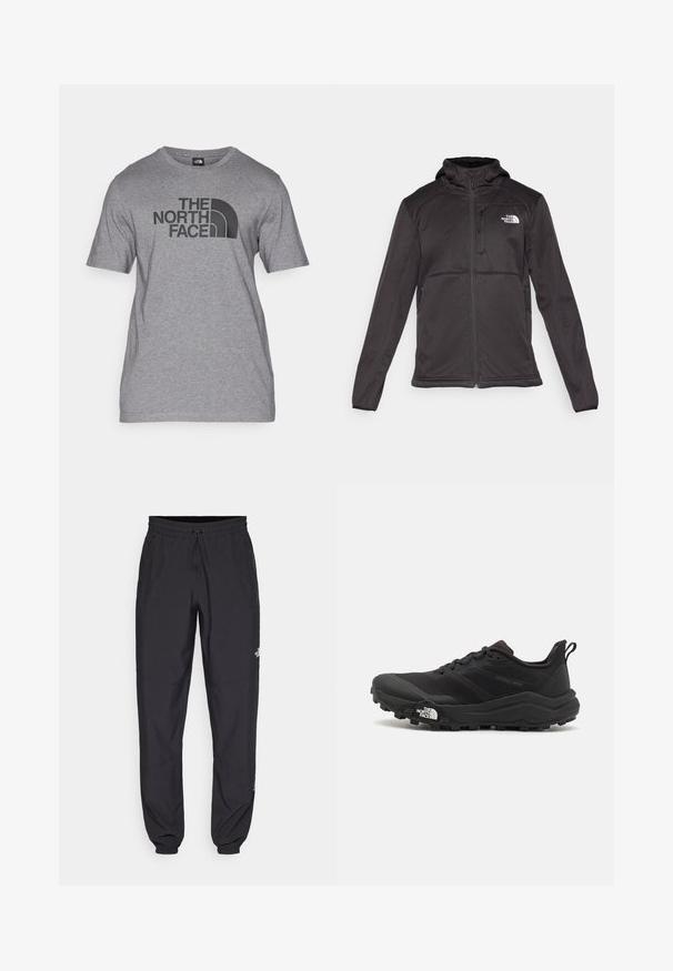 The North Face M QUEST HOODED SOFTSHELL - Softshellová bunda - black; Šedé tričko s krátkým rukávem vyrobené z bavlněné směsi, s černým grafickým potiskem "THE NORTH FACE" a zakřiveným logem na přední straně.; Černé sportovní kalhoty vyrobené z lehké tkaniny, s páskem na šňůrku, bočními kapsami a zúženými manžetami na kotnících.; Černé trailové běžecké boty s texturovaným svrškem, gumovou podrážkou a vyztuženou špičkou. Obsahují polstrovaný límec a poutko pro snadné obouvání.