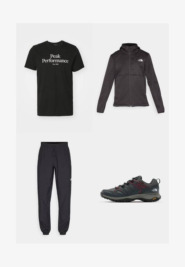 The North Face M QUEST HOODED SOFTSHELL - Softshell jakker - black; Sort bomulds T-shirt med et hvidt grafisk print, der står "Peak Performance Est. 1986." Rund hals og korte ærmer.; Sorte atletiske bukser lavet af letvægtsstof, med en snor i taljen, sidelommer og tapered manchetter ved anklerne.; Grå vandresko med røde accenter, mesh og syntetisk overdel, snøresystem og Vibram-såle for godt greb. Har Gore-Tex for vandafvisning.