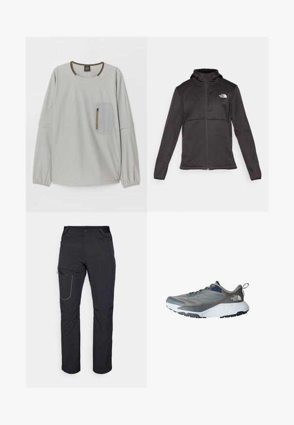 The North Face M QUEST HOODED SOFTSHELL - Veste softshell - black; Haut à manches longues gris clair avec un col rond, des poignets élastiques et une poche plaquée texturée avec fermeture éclair sur le devant.; Pantalon d'extérieur noir avec poche sur la cuisse zippée, taille élastique et tissu lisse, résistant à l'eau. Design épuré sans logos visibles.; Chaussure de sport grise avec tige en maille, accents navy, semelle intermédiaire blanche texturée et semelle extérieure en caoutchouc noir. Comprend des lacets et une languette au talon.