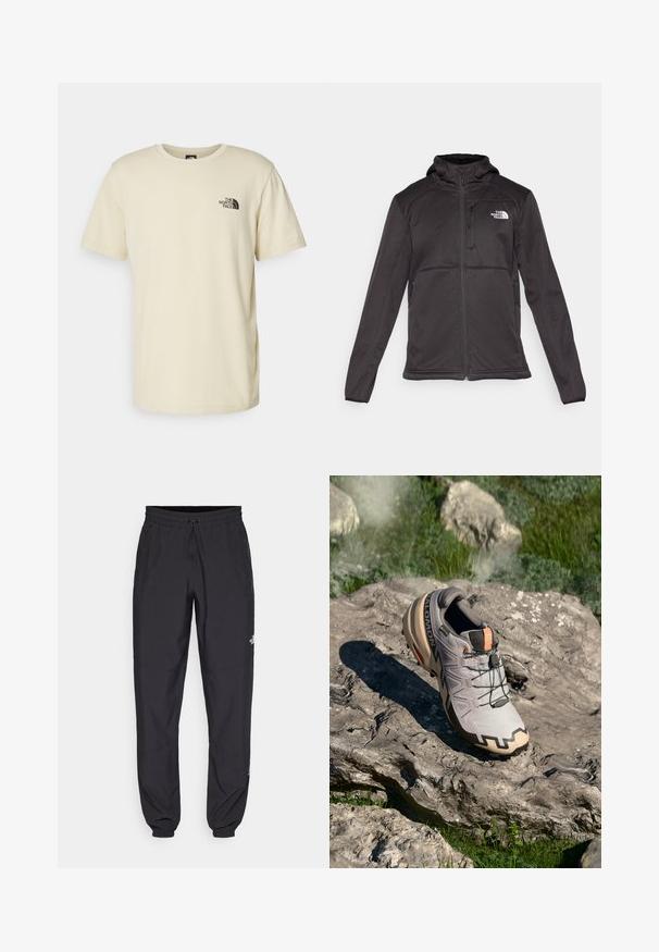 The North Face M QUEST HOODED SOFTSHELL - Giacca softshell - black; T-shirt in cotone beige chiaro con scollo rotondo e maniche corte. Presenta un logo nero stampato nell'area sinistra del petto. Taglio semplice e classico.; Pantaloni sportivi neri realizzati in tessuto leggero, con vita regolabile con cordino, tasche laterali e orli affusolati alle caviglie.; Scarpa da trail running grigia chiara con accenti beige, tomaia testurizzata, lacci neri e battistrada pronunciato sulla suola. Presenta il logo del brand.