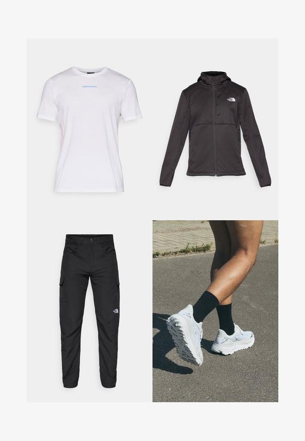 The North Face M QUEST HOODED SOFTSHELL - Softshell jakker - black; Hvid bomulds t-shirt med rund halsudskæring og korte ærmer. Har blå "Peak Performance" tekst på fronten, med en glat overflade.; The North Face HORIZON PANT - Outdoorbukser - black; Hvite løpesko med struktureret overdel, tyk hvit såle og svarte detaljer, iført sammen med svarte ankel-sokker på en asfaltert overflade.