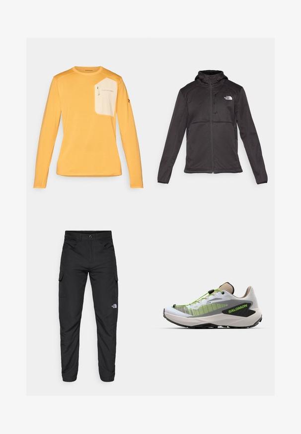 The North Face - Kurtka Softshell; Koszula z długim rękawem w jaskrawym żółtym kolorze, z kremową kieszenią na zamek, teksturowanym materiałem oraz logo na piersi i rękawie.; The North Face HORIZON czarny; Salomon GENESIS zielony