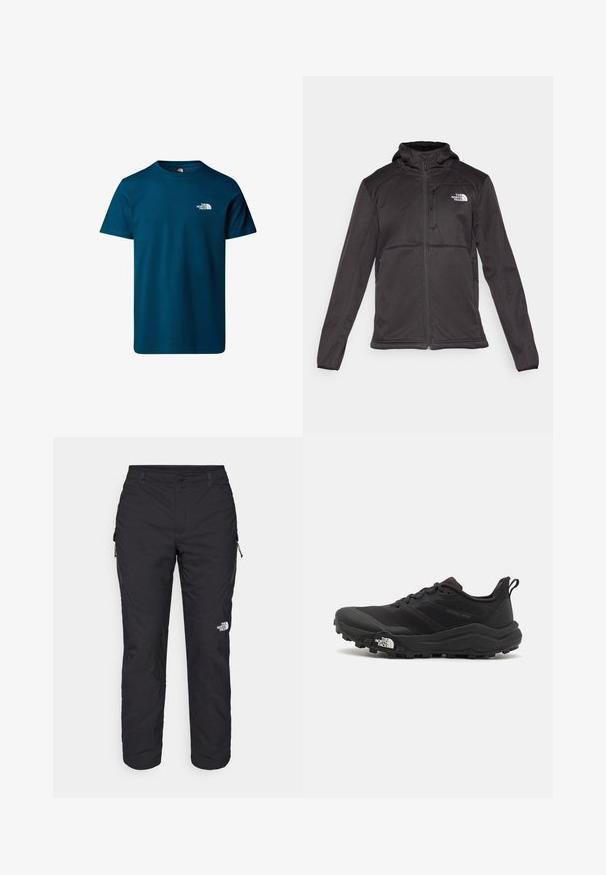 The North Face M QUEST HOODED SOFTSHELL - Softshell-takki - black; The North Face M SS SIMPLE DOME TEE - Tekninen t-paita - midnight petrol; The North Face WINTER EXPLORATION TAPERED CARGO - Ulkohousut - black; Musta maastojuoksukengät, joissa on teksturoitu päällinen, kumipohja ja vahvistettu varvastoppia. Varusteena pehmustettu nilkkakappale ja vetotappi helppoa pukemista varten.