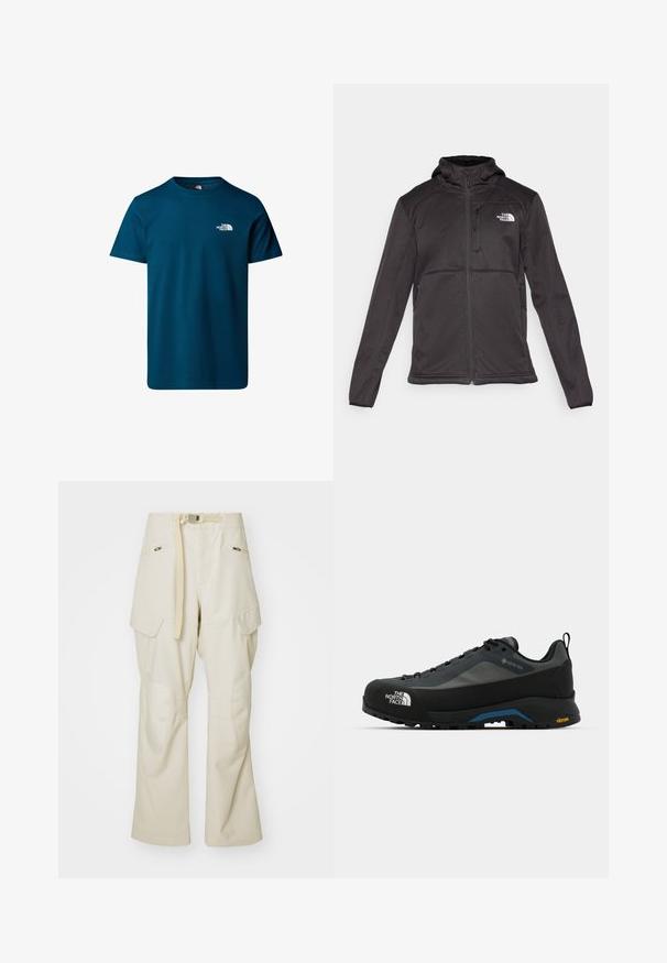 The North Face M QUEST HOODED SOFTSHELL - Softshell jakker - black; The North Face M SS SIMPLE DOME TEE - Sports T-shirts - midnight petrol; Beige cargo bukser med bred benvidde, bælte i taljen, to sidelommer og knælapper. Glat tekstur med forstærkede sømdetaljer.; The North Face VERTO ALPINE GORE TEX - Hikingsko - asphalt grey/tnf black