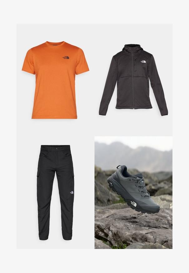 The North Face M QUEST HOODED SOFTSHELL - Softshell jakker - black; The North Face M SS SIMPLE DOME TEE - Sports T-shirts - earthen copper; The North Face HORIZON PANT - Outdoorbukser - black; Grå trail løbesko med en tekstureret overdel, slidstærk gummisål og forstærket tåkap. Har snørebånd og mærkelogo på siden.