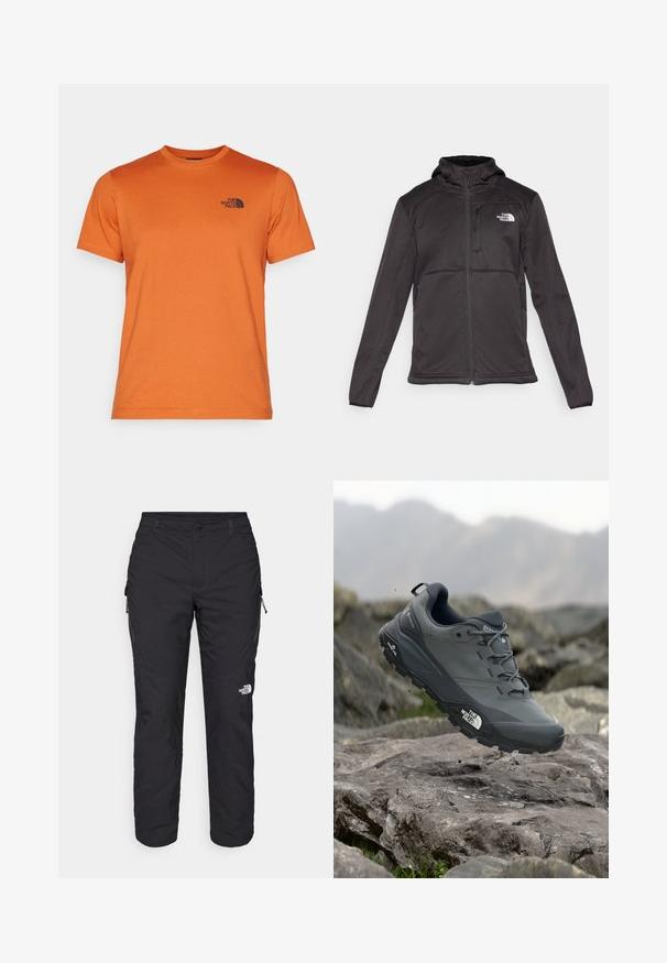 The North Face M QUEST HOODED SOFTSHELL - Softshell-takki - black; The North Face M SS SIMPLE DOME TEE - Tekninen t-paita - earthen copper; The North Face WINTER EXPLORATION TAPERED CARGO  - Ulkohousut - black; Harmaa polkujuoksukenkä, jossa on teksturoitu päällinen, kestävä kumipohja ja vahvistettu varvastoppa. Varustettu nauhoilla ja brändin logolla sivussa.