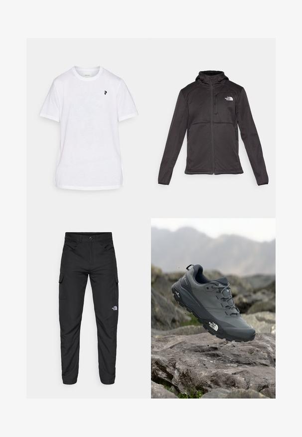 The North Face M QUEST HOODED SOFTSHELL - Softshelljacke - black; Peak Performance EXPLORE GRAPHIC TEE - T-Shirt print - white; The North Face HORIZON PANT - Outdoor-Hose - black; Grau Trailrunning-Schuh mit einer strukturierten Oberseite, haltbarer Gummisohle und verstärkter Zehenkappe. Verfügt über Schnürsenkel und ein Markenlogo an der Seite.