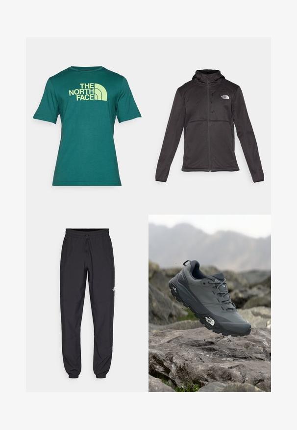 The North Face M QUEST HOODED SOFTSHELL - Softshell jakker - black; Grøn kortærmet t-shirt lavet af bomuld, med et stort gult logo print af "THE NORTH FACE" på forsiden i et buet design.; Sorte atletiske bukser lavet af letvægtsstof, med en snor i taljen, sidelommer og tapered manchetter ved anklerne.; Grå trail løbesko med en tekstureret overdel, slidstærk gummisål og forstærket tåkap. Har snørebånd og mærkelogo på siden.
