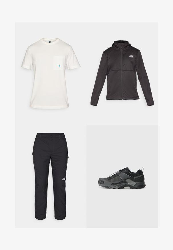 The North Face M QUEST HOODED SOFTSHELL - Softshell-takki - black; Valkoinen puuvillapaita lyhyillä hihoilla, pyöreällä kaula-aukolla ja vasemmassa rinnassa tasku, jossa on pieni sininen kolmion muotoinen logo.; The North Face WINTER EXPLORATION TAPERED CARGO - Ulkohousut - black; Mustat maastohiihtokengät, joissa on kestävä verkkokansi, vahvistettu varvaskuppi, teksturoitu kumipohja ja joustava nauhajärjestelmä varman istuvuuden takaamiseksi.