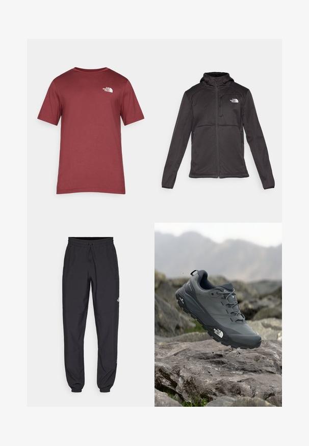 The North Face M QUEST HOODED SOFTSHELL - Softshellová bunda - black; Červené bavlněné tričko s kulatým výstřihem, krátkými rukávy a bílým logem na levé straně hrudi. Hladká textura a klasický střih.; Černé sportovní kalhoty vyrobené z lehké tkaniny, s páskem na šňůrku, bočními kapsami a zúženými manžetami na kotnících.; Šedá trailová běžecká bota s texturovaným svrškem, odolnou gumovou podrážkou a vyztuženou špičkou. Obsahuje tkaničky a logo značky na straně.