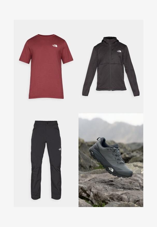The North Face M QUEST HOODED SOFTSHELL - Soft shell jacket - black; Red cotton t-shirt with a crew neck, short sleeves, and a white logo on the left chest. Smooth texture and classic fit.; Black outdoor pants with a zippered front pocket, synthetic material, tapered legs, and reinforced knee panels. Features a button closure.; Grey trail running shoe with a textured upper, durable rubber sole, and reinforced toe cap. Features laces and brand logo on the side.