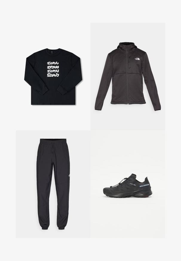 The North Face M QUEST HOODED SOFTSHELL - Giacca softshell - black; Felpa nera a maniche lunghe con un logo grafico bianco ripetuto in lettere stilizzate sulla parte anteriore. Realizzata in tessuto morbido.; Pantaloni sportivi neri realizzati in tessuto leggero, con vita regolabile con cordino, tasche laterali e orli affusolati alle caviglie.; Scarpa da trail running nera con tomaia strutturata, lacci elastici e suola Contagrip. Offre una vestibilità aderente e una protezione per le dita.