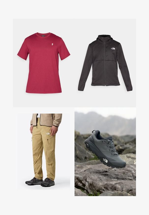 The North Face M QUEST HOODED SOFTSHELL - Chaqueta softshell - black; Camiseta de algodón color marrón con mangas cortas, cuello redondo y un pequeño logotipo blanco en la parte izquierda del pecho. Textura suave y diseño casual.; Pantalones de exterior beige con bolsillos laterales con cremallera, tejido texturizado y un logo en la parte frontal, combinados con botas de senderismo oscuras.; Zapatilla de trail running gris con parte superior texturizada, suela de goma duradera y puntera reforzada. Cuenta con cordones y logo de la marca en el lateral.