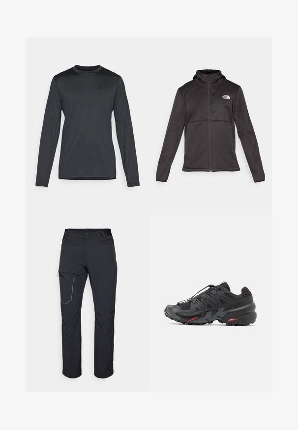 The North Face M QUEST HOODED SOFTSHELL - Softshelljas - black; Langarmshirt van donkergrijze stof, met een ronde hals en subtiele logo-details. Gladde textuur met een getailleerde pasvorm.; Zwarte outdoorbroeken met een ritszak op de dij, een elastische tailleband en glad, waterafstotend materiaal. Schoon ontwerp zonder zichtbare logo's.; Zwarte hardloopschoen met synthetisch bovenwerk, textuurontwerp en contrasterende rode accenten. Beschikt over een beveiligd vetersysteem en robuuste buitenzool.