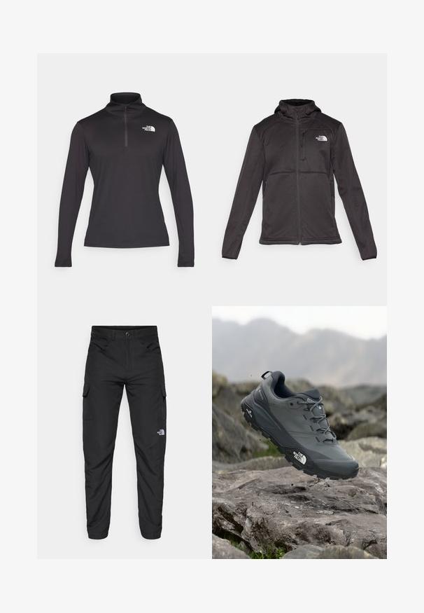 The North Face M QUEST HOODED SOFTSHELL - Softshellová bunda - black; Černý svetr s dlouhým rukávem a čtvrtzipem, vysokým límcem a vyrobený z lehkého materiálu, s bílým logem na levé straně hrudi.; The North Face HORIZON PANT - Outdoorové kalhoty - black; Šedá trailová běžecká bota s texturovaným svrškem, odolnou gumovou podrážkou a vyztuženou špičkou. Obsahuje tkaničky a logo značky na straně.