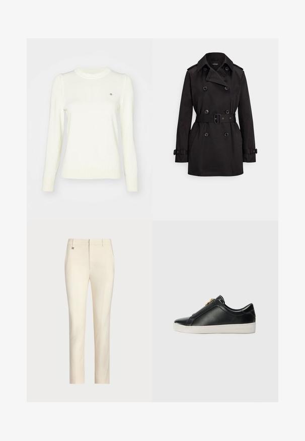 Crni baloner od glatke tkanine, s dvostrukim kopčanjem, remenom u struku, velikim gumbima i bočnim džepovima.; Svijetla krema pulover, pletena tekstura, okrugli izrez, dugi rukavi, rebrasti manžeti i rub. Suptilan detalj logotipa na prsima.; Pantalone krem boje, krojeni u ravnom kutu, s glatkom teksturom, prednjim džepovima i suptilnim metalnim akcentom na struku.; Crne kožne cipele bez vezica s podignutom šavom, srebrnim detaljem na gornjem dijelu i bijelom gumenom potplatom s urezanim brendiranjem.