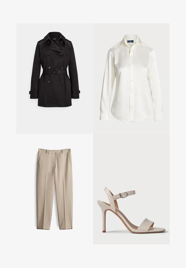 Zwarte trenchcoat van gladde stof, met een dubbelbreasted ontwerp, een getailleerde taille met ceintuur, grote knopen en zijzakken.; Witte lange mouwen overhemd met knopen, gemaakt van een gladde stof, met een klassieke kraag en subtiele glans, met een ronde zoom en knoopdetails.; Beige broek met een gladde textuur, voorzien van twee zijzakken en een enkele voorkant zak. Tapered leg ontwerp met gestikt detaillering aan de zoom.; Beige hoge hak sandaal met een gladde leren afwerking, open teen, brede frontband en een verstelbare enkelband met metalen gesp.