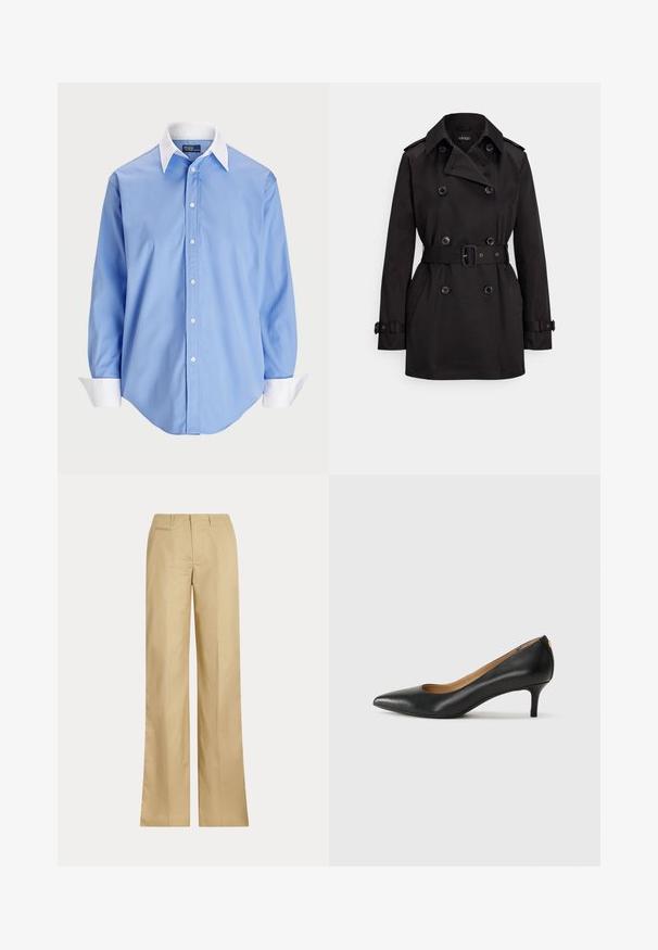 Svart trenchcoat laget av glatt stoff, med dobbelspent design, belte i midjen, store knapper og sidelommer.; Lyseblå skjorte med lange ermer og hvit kontrastkrage. Den har en glatt tekstur og fem knapper foran.; Beige vidde buks laget av glatt bomull, med en klassisk midje og baklomme, med rett snitt og minimal detailing.; Sorte lærpumpe med spiss tå, lav hæl og en glatt tekstur. Har en liten åpning foran og minimalt med beslag bak.