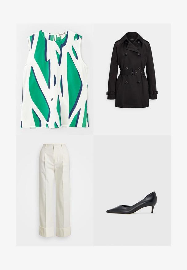 Trench nero in tessuto liscio, con design doppiopetto, vita con cintura, grandi bottoni e tasche laterali.; Top senza maniche in tessuto leggero, caratterizzato da un audace motivo astratto verde e blu navy su fondo bianco. Collo rotondo con apertura a chiave sul retro.; Pantaloni bianchi su misura con vita alta, doppie pieghe frontali e gamba larga con risvolti. Realizzati in un tessuto liscio e strutturato.; Décolleté in pelle nera con punta affusolata e tacco basso. Presenta una texture liscia e una lucentezza sottile. Taglio aperto sulla parte anteriore per un dettaglio aggiuntivo.