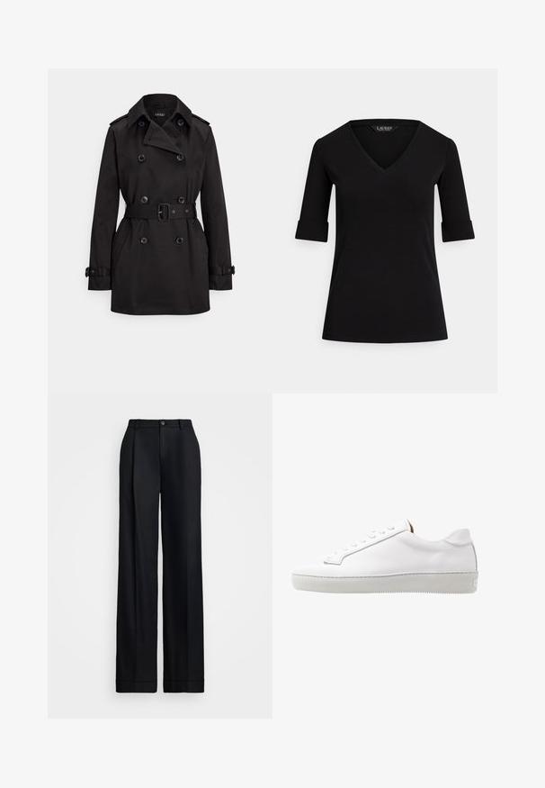 Musta trenssitakki, valmistettu sileästä kankaasta, jossa on kaksirivinen kuvio, vyötärönauhalla varustettu vyö, suuret napit ja sivutaskut.; Musta V-mallinen t-paita, jossa on kolmen neljänneksen hihat, käännetyt hihansuut ja sileä kangaspinta. Etiketissä lukee "LAUREN".; Mustat leveät housut, joissa on sileä pinta, litteä etuosa, vyölenkit ja yksi nappisuljin vyötäröllä.; Valkoinen nahkakenkä, jossa on sileä pinta, pyöreä kärki, tasapohja, ommeltu yksityiskohtia ja viisi paria nauhojen silmukoita. Minimalistinen muotoilu.
