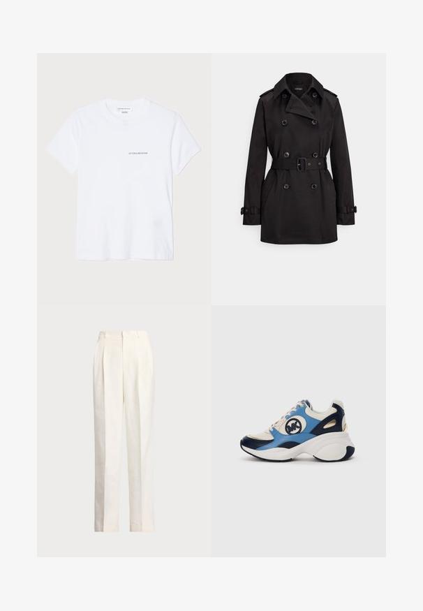 Trench coat preto feito de tecido liso, com design abotoado duplo, cintura com cinto, botões grandes e bolsos laterais.; T-shirt de algodão branca com mangas curtas, decote redondo e um pequeno logótipo preto "VICTORIA BECKHAM" no peito. Design minimalista.; Polo Ralph Lauren HEMP WIDE LEG PANT - Calças - nevis; Sapatilhas de camurça brancas, azuis-marinho e azuis claras com sola chunky e logótipo bordado circular ao lado.