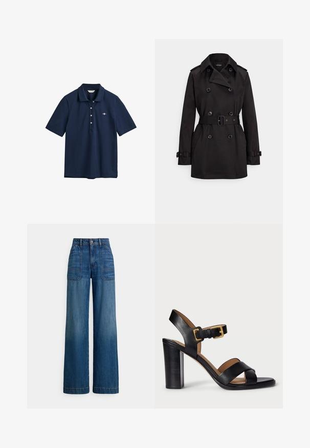 Trenci negru din material neted, cu design cu două rânduri de nasturi, talie cu curea, nasturi mari și buzunare laterale.; Tricou polo bleumarin din bumbac, având un guler clasic, placket cu trei nasturi și un mic logo brodat pe piept.; Jeans cu talie înaltă și picioare largi, din denim albastru mediu. Prezintă buzunare aplicate în față și cusături proeminente. Textură netedă și moale.; Sandale cu toc din piele neagră, cu un design cu curea încrucișată și închidere cu cataramă. Prezintă un toc gros și o textură netedă.