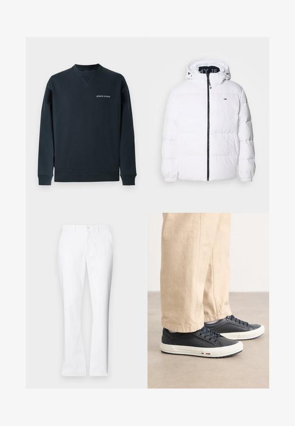 Tommy Jeans ESSENTIAL - Sulejope - white; Tumesinine puuvillane dressipluus, ümar kaelus, soonikkoes varrukad ja alläär. Rinnal on valge "LYLE & SCOTT" logo. Sile tekstuur.; Valged puuvillased püksid otsekülje disainiga, ees pooled taskud, üksainus nööp kinnitamiseks ja sujuv tekstuur.; Tumed sinised tennisekotid sileda naha ülemise osaga, valge kummist talla ja detailsete paeltega. Kombineeritud beežide, laba üleulatuvate pükstega.
