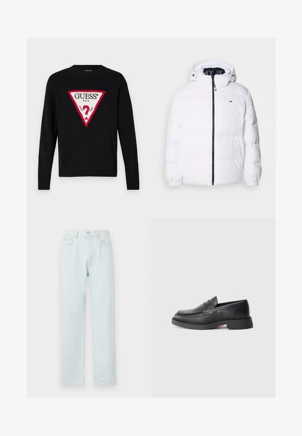 Tommy Jeans ESSENTIAL - Puhovka - white; Črn pleten pulover z velikim rdečim trikotnikom, na katerem je bel napis "GUESS® U.S.A." ter osrednji motiv vprašaja. Riblani manšeti in rob.; Svetlo modri ravni kavbojki iz denima, ki imajo gumbasto zapiranje, diskretno učvrstitev in pet žepov.; Črne usnjene mokasine z zaobljenim nosom, dvignjenim šivom in debelim gumijastim podplatom. Preprost dizajn z minimalnim logotipom na strani.