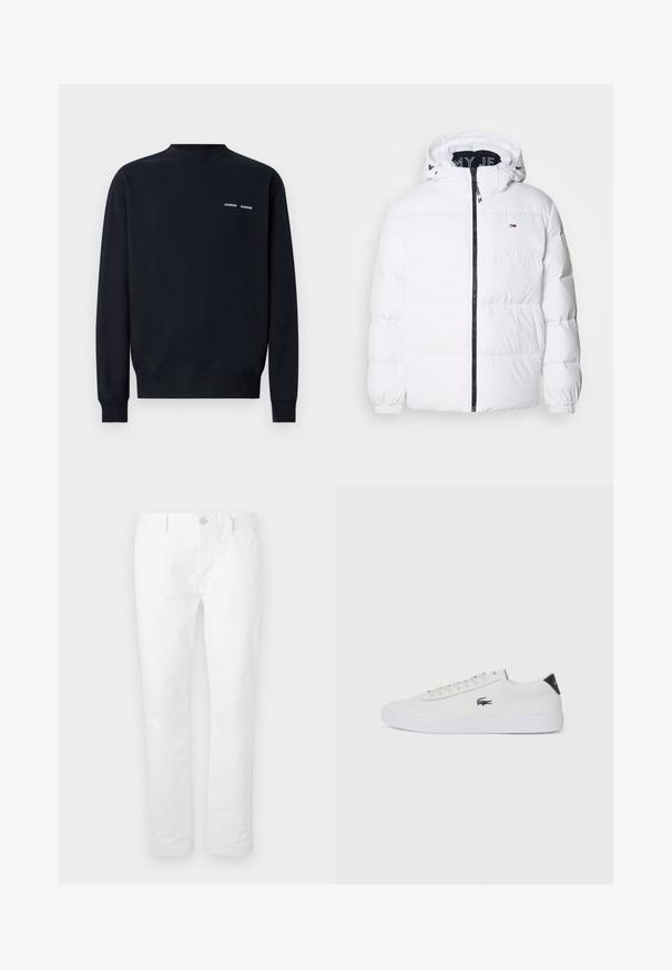 Tommy Jeans ESSENTIAL - Jakna ispunjena paperjem - white; Tamno plavi dukserica od pamuka. Ima okrugli izrez, duge rukave i dva mala bijela logotipa branda na gornjem lijevom dijelu prsnog koša.; Bijele pamučne hlače ravnog kroja, s kopčanjem na gumb, petljama za remen i bez vidljivih uzoraka ili detalja.; Bijele kožne tenisice s okruglim vrhom, vezanjem sprijeda i crnim detaljem na peti. Imaju mali izvezeni logotip krokodila s bočne strane.