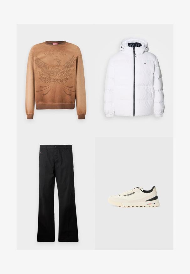 Tommy Jeans ESSENTIAL - Μπουφάν με πούπουλα - white; Καφέ φούτερ με ανάγλυφο σχέδιο φωτισμένου πουλιού, ριγωτές μανσέτες και στρίφωμα, και ετικέτα κόκκινου χρώματος κοντά στον λαιμό. Γκράντιεντ εφέ από ανοιχτό σε σκούρο.; Μαύρο, βαμβακερό παντελόνι με ίσια γραμμή και κλείσιμο με κουμπί. Διαθέτει πλαινές τσέπες και μινιμαλιστικό σχέδιο χωρίς ορατά μοτίβα ή αξεσουάρ.; Κρεμ sneakers με υφή από σουέτ, μαύρες λεπτομέρειες και χοντρή ελαστική σόλα με κόκκινη, λευκή και μπλε ρίγα.