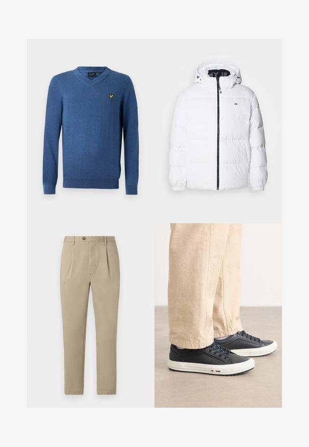 Tommy Jeans ESSENTIAL - Puhovka - white; Moška modra pulover s V izrezom in dolgimi rokavi, z izvezenim rumenim logotipom ptice na levem prsnem delu.; Tommy Hilfiger HARLEM - Hlače chino - camel; Temno modri športni čevlji z gladkim usnjenim zgornjim delom, belim gumijastim podplatom in podrobnim vezanjem. Ujemajo se z bež, ohlapnimi hlačami.