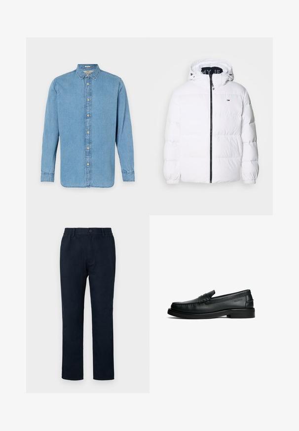 Tommy Jeans ESSENTIAL - Dunjakker - white; Lys blå denimskjorte med knaplukning i front, lange ærmer, klassisk krave og lige søm. Har guldtonede knapper og diskrete syninger.; Marineblå chinos med elastisk talje, en knaplukning foran og lige ben-design. Glat tekstur uden synlige mønstre.; Sorte læder loafers med en afrundet tå, syninger, en lav blokhæl og et vandret stropdetalje på forsiden.