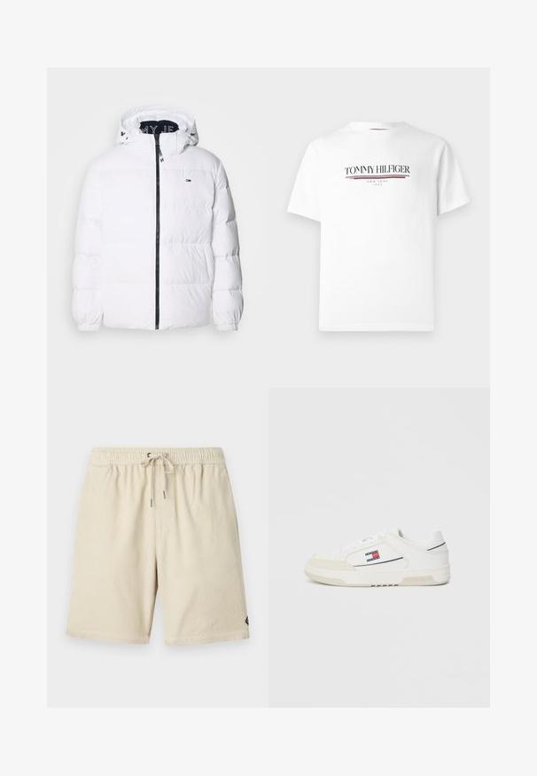 Tommy Jeans ESSENTIAL - Down jacket - white; White cotton t-shirt featuring "TOMMY HILFIGER" logo in black with a red accent line, round neckline, and short sleeves.; Beige corduroy shorts with an elastic waistband and drawstring, featuring a subtle vertical ribbed texture and small label on the side.; White sneakers with a smooth leather upper and suede toe cap, featuring a small red, white, and blue logo on the side and textured sole.