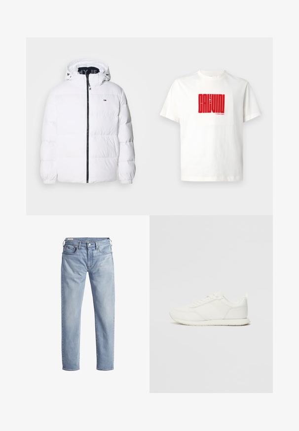 Tommy Jeans ESSENTIAL - Tollkabát - white; Fehér pamut póló, amelynek elején nagy piros grafikus nyomtatás található, rajta a "CALVIN KLEIN" felirattal, kerek nyakkivágással és rövid ujjakkal.; Világoskék farmernadrág egyenes szárú fazonnal, öt zsebbel és fém gombos záródással. Az anyag enyhe kopással és puha tapintással rendelkezik.; Fehér sneaker hálós és szintetikus felsőrésszel, kerek orral, lapos fűzőkkel és textúrázott oldalsávval. Gumi talp hátul húzófüllel.