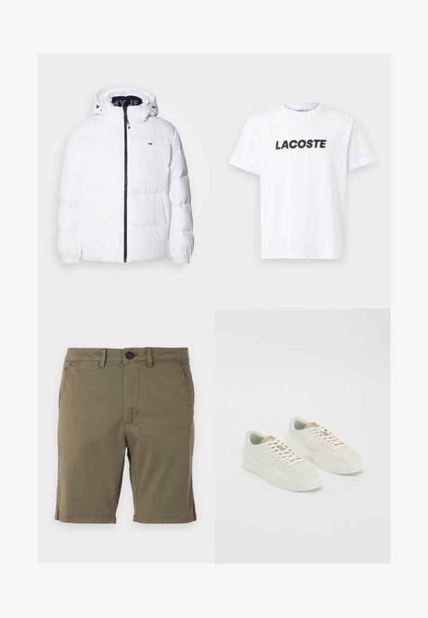 Tommy Jeans ESSENTIAL - Jakna ispunjena paperjem - white; Bijela pamučna majica s istaknutim crnim logotipom "LACOSTE" na prsima. Kratki rukavi i dizajn s okruglim izrezom.; Maslinasto zelene kratke hlače od pamučne mješavine, s kopčanjem na dugme, prednjim džepovima i rubom sa suptilnim detaljima šivanja.; Par niz off-white niskih tenisica s bež detaljima, debelim potplatima i bijelim vezicama na jednostavnoj bijeloj pozadini.