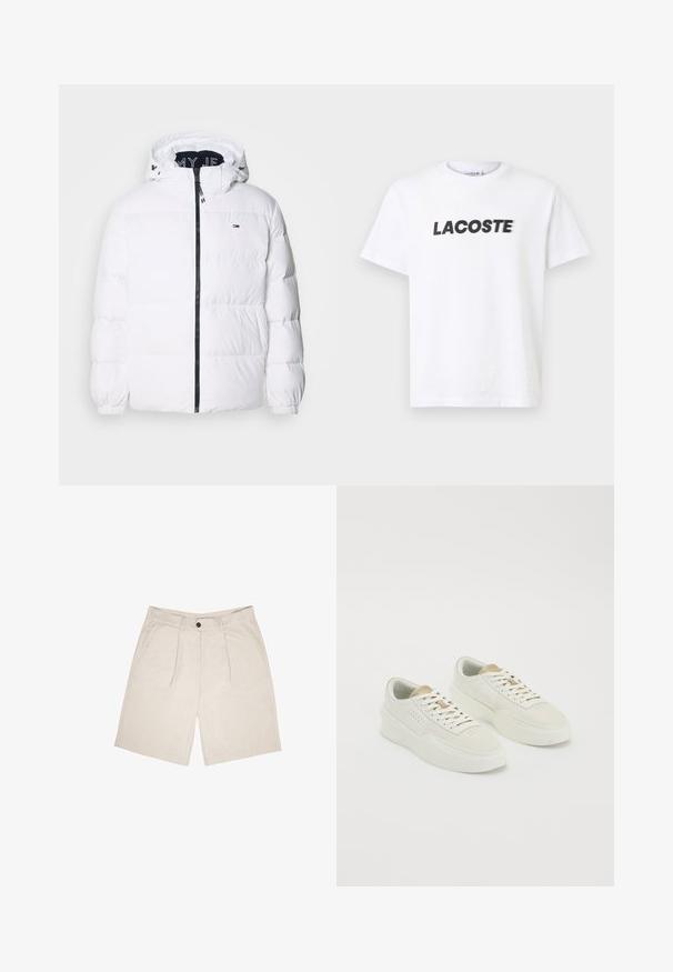 Tommy Jeans ESSENTIAL - Sulejope - white; Valge puuvillane T-särk, millel on rinnas silmapaistev must "LACOSTE" logo. Lühikesed varrukad ja ümar kaelaosa disain.; Beige lühikesed püksid pehmest kangast, sileda esiotsaga, kahe voltiga, vöödega ja küljetaskutega. Üksik nööp sulgemiseks vöökohtadel.; Kaks erinevat värvi kergeid madalaid esiletoodud sneekereid, beige aktsentide ja paksude tallatega, valged nöörid neutraalsel valgel taustal.