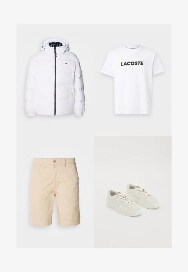 Tommy Jeans ESSENTIAL - Dunjakke - white; Hvit bomulls t-skjorte med en fremtredende svart "LACOSTE" logo på brystet. Korte ermer og rund hals.; Beige bomullsshorts med frontknappelukking, sidelommer og rett snitt. Jevn tekstur med rene sømdetaljer.; Et par elfenbenfargede low-top joggesko med beige detaljer, tykke såler og hvite snører på en ensfarget hvit bakgrunn.