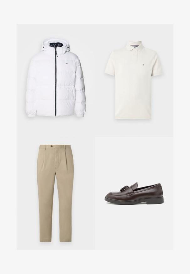Tommy Jeans ESSENTIAL - Páperová bunda - white; Polo tričko s krátkym rukávom z krémovej bavlny, s klasickým golierom, tromi gombíkmi a malým logom na ľavom prsníku.; Tommy Hilfiger HARLEM - Nohavice chinos - camel; Hnedé kožené loafers so zaoblenou špičkou, ozdobným strapcom, prešitím a nízkym gumovým opätkom pre väčšie pohodlie.