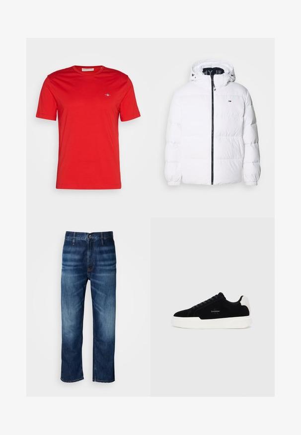 Tommy Jeans ESSENTIAL - Gewatteerde jas - white; Rode katoen t-shirt met een ronde halslijn, korte mouwen en een klein blauw logo-accent op de linkerborst. Zijdeachtige textuur, casual stijl.; Donkerblauwe rechte spijkerbroek met subtiele vervaging op de dijen en een knoopsluiting bij de tailleband, gepresenteerd op een witte achtergrond.; Zwarte lage sneaker met witte zool en hielstrip, vetersluiting aan de voorkant en Calvin Klein-logo op de zijkant.
