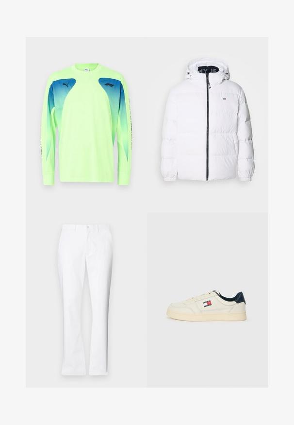 Tommy Jeans ESSENTIAL - Bunda z prachového peří - white; Limetkově zelené dlouhé sportovní tričko s modrými gradientovými síťovinovými panely, vybavené pružnými manžetami a černým logem na hrudi a rukávu.; Bílé bavlněné kalhoty s rovnými nohavicemi, předními kapsami, jednoduchým zapínáním na knoflík a hladkým povrchem.; Tenisky v krémově bílé kůži s námořnickomodrým podpatkem a jazykem, na boku s logem v červené, bílé a modré barvě.