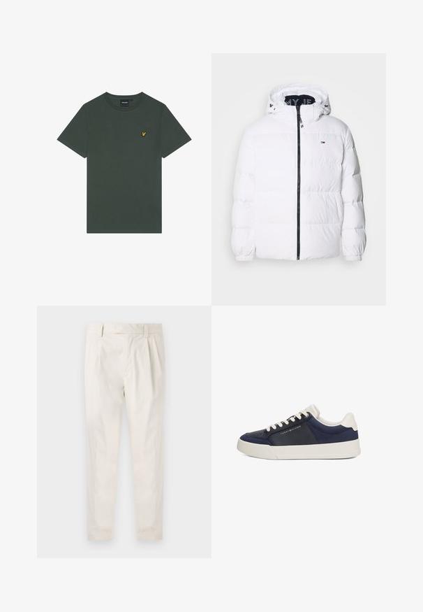 Tommy Jeans ESSENTIAL - Daunenjacke - white; Dunkelgrünes Baumwoll-T-Shirt mit rundem Ausschnitt und kurzen Ärmeln. Auf der linken Brust befindet sich ein kleines gelbes, besticktes Logo.; Weiße, plissierte Hose mit taillierten Schnitt, die eine glatte Textur, Gürtelschlaufen und schmal zulaufende Beine aufweist. Keine sichtbaren Taschen oder Muster.; Navyblaue Sneaker mit einem Obermaterial aus glattem Leder und Textil, cremefarbenen Schnürsenkeln und einer dicken weißen Gummisohle. Mit Markenlogo.