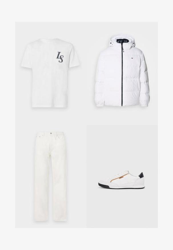 Tommy Jeans ESSENTIAL - Down jacket - white; White cotton t-shirt with short sleeves, featuring a navy blue "LS" logo on the left chest area. Smooth texture, classic crew neck design.; White denim jeans with a straight leg, button and zipper closure, five-pocket design, and no visible patterns or accents.; White athletic shoes with mesh and leather accents. Features a gold "BOSS" logo, textured side panels, and a black heel cap. Rubber sole.