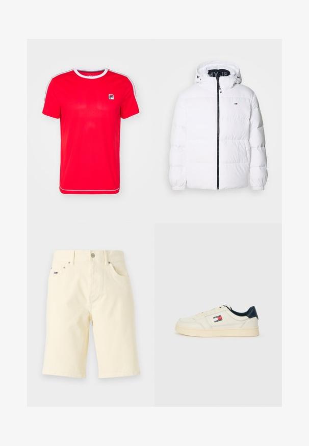 Tommy Jeans ESSENTIAL - Dūnu jaka - white; Sarkana sporta kreklis, kas izgatavots no gludas auduma, ar ribotu apkakli, baltām akcentēm uz piedurknēm un mazu logo kreisajā krūtī.; Gai pelēkbrūni kokvilnas šorti ar taisnu griezumu, priekšējiem kabatām, metāla pogas aizdari un mazu logo plāksteri kreisajā pusē.; Kedai krēmos baltā ādas ar tumši zilu papēdi un mēli, ar logo plāksni sarkanā, baltā un zilā krāsā uz sāna.