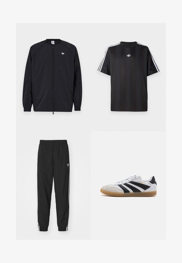 Black lightweight jacket with a zip front, elastic cuffs, and a small white logo on the left chest. Features a simple, clean design.; Black short-sleeve t-shirt with white three-stripe detailing on shoulders and a small white logo on the chest. Smooth fabric texture.; Black track pants with elastic waistband and cuffs, featuring white side stripes and a small white Adidas logo on the left hip.; White leather sneakers with black stripes and accents, gray suede toe cap, and gum sole; features lace-up design and "Predator" branding.